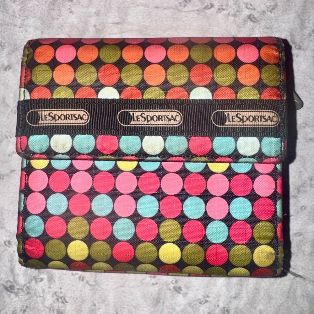LeSportsac Polka Dot Trifold Wallet in Pink, Aqua, Yellow, Olive on Brown